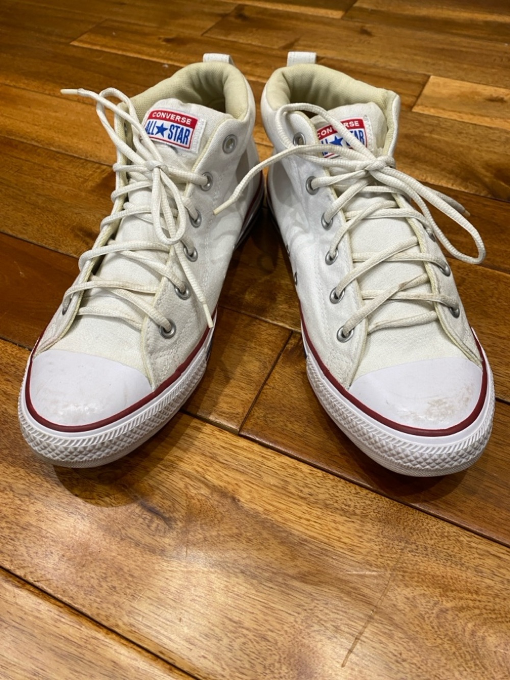 Converse White Canvas High Top Sneakers with Red Trim